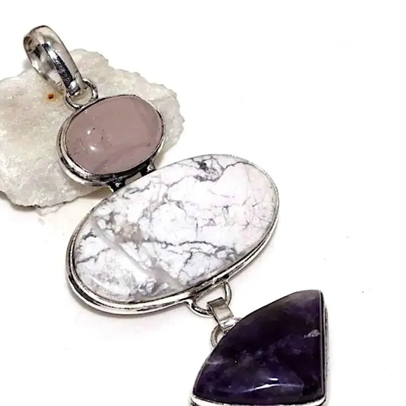 Sterling Silver Howlite Rose Quartz Necklace Charm Pendant Boho Gift - Picture 1 of 1